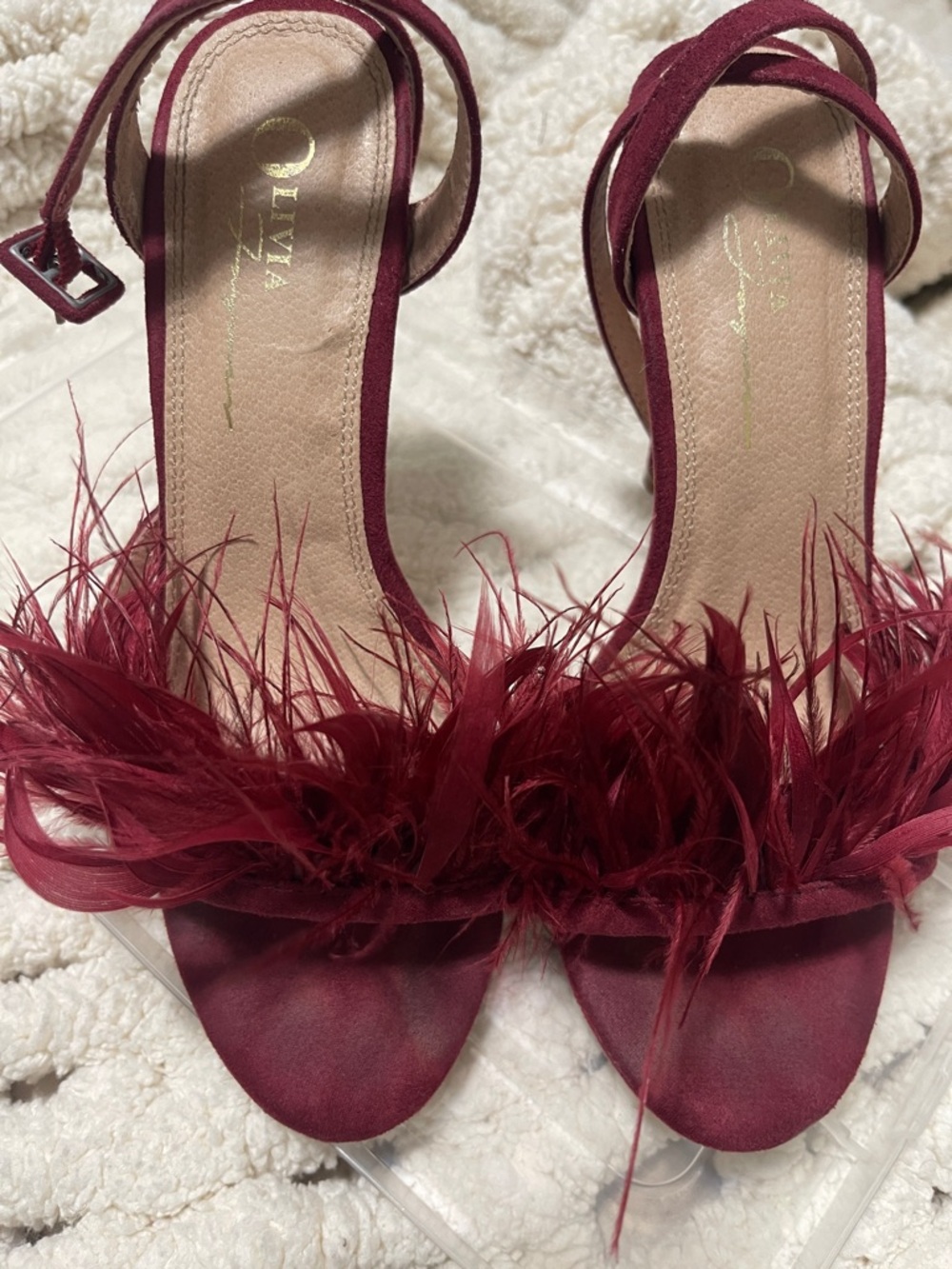Feather-Trim Burgundy Heeled Sandals by Olivia Miller